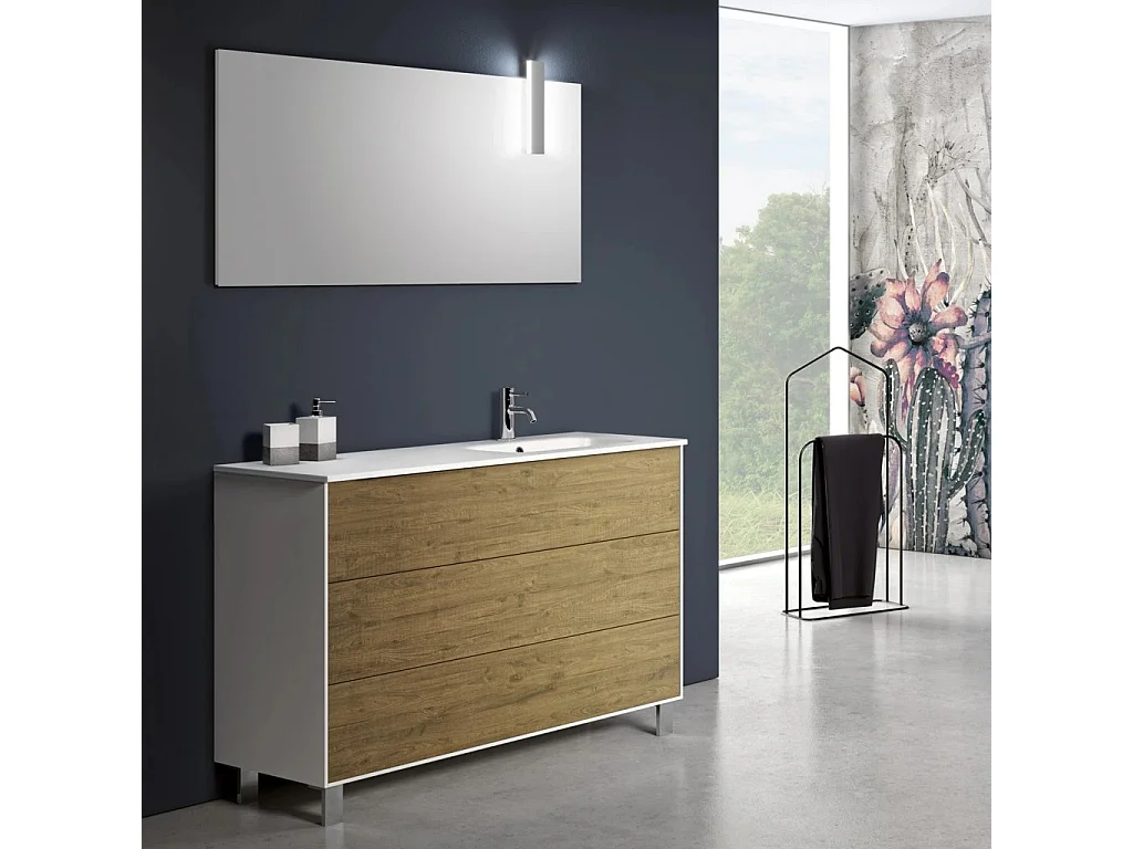 Ensemble meuble de salle de bain 3 tiroirs blanc et chêne clair et miroir à LED Lago L 120cm