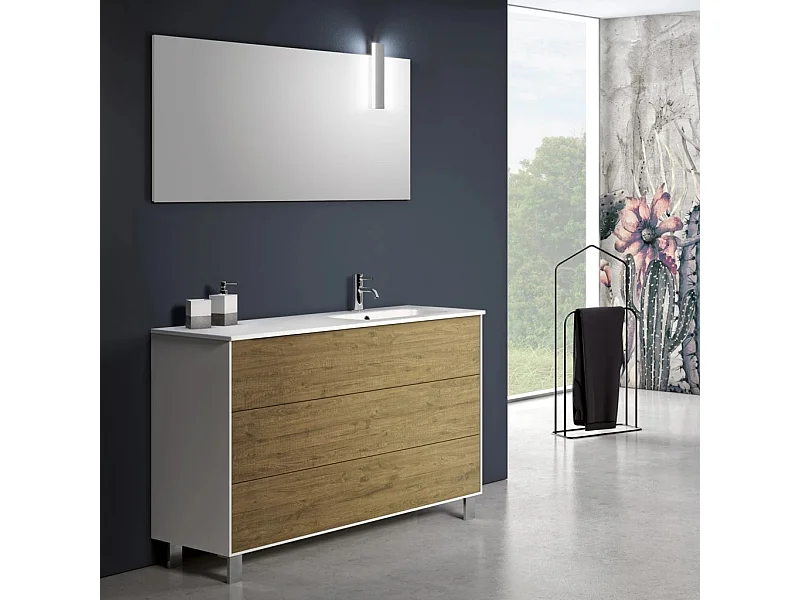 Ensemble meuble de salle de bain 3 tiroirs blanc et chêne clair et miroir à LED Lago L 120cm