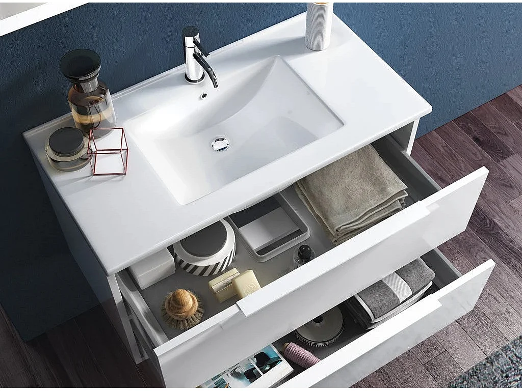 Ensemble meuble de salle de bain 3 tiroirs bois chêne clair et miroir lumineux Malo L 100cm