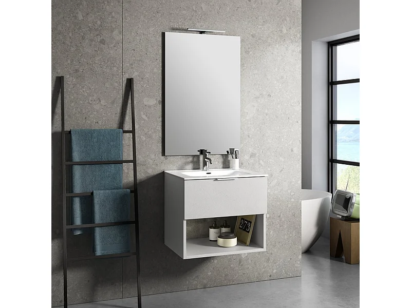 Ensemble meuble de salle de bain 1 tiroir blanc effet pierre et miroir lumineux Noe L 60cm