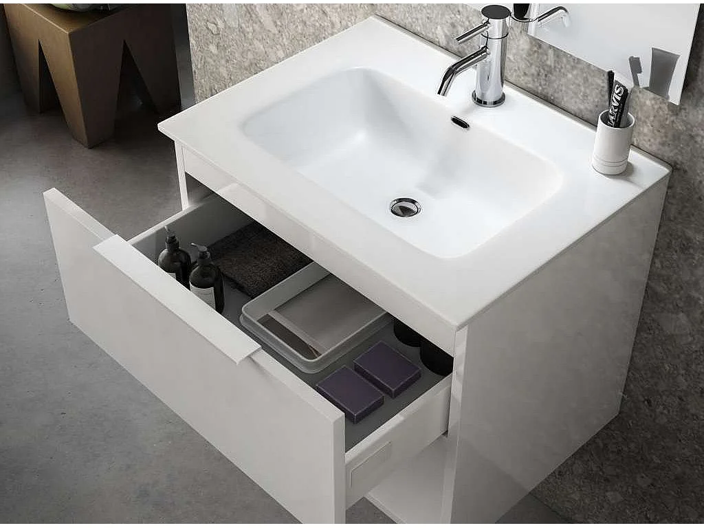 Ensemble meuble de salle de bain 1 tiroir blanc effet pierre et miroir lumineux Noe L 60cm