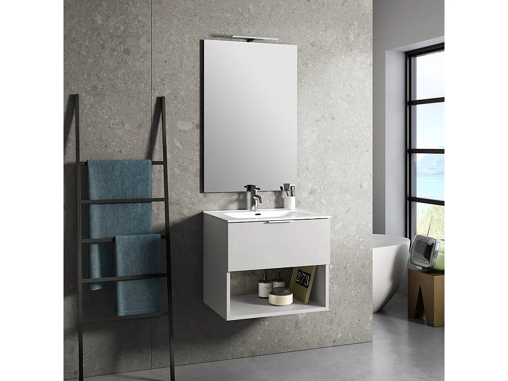 Ensemble meuble de salle de bain 1 tiroir blanc effet pierre et miroir lumineux Noe L 60cm