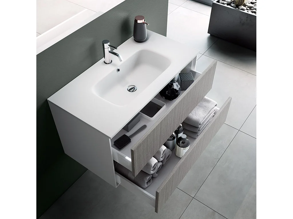 Ensemble meuble de salle de bain 2 tiroirs laqué blanc et gris et miroir lumineux Lago L 60cm