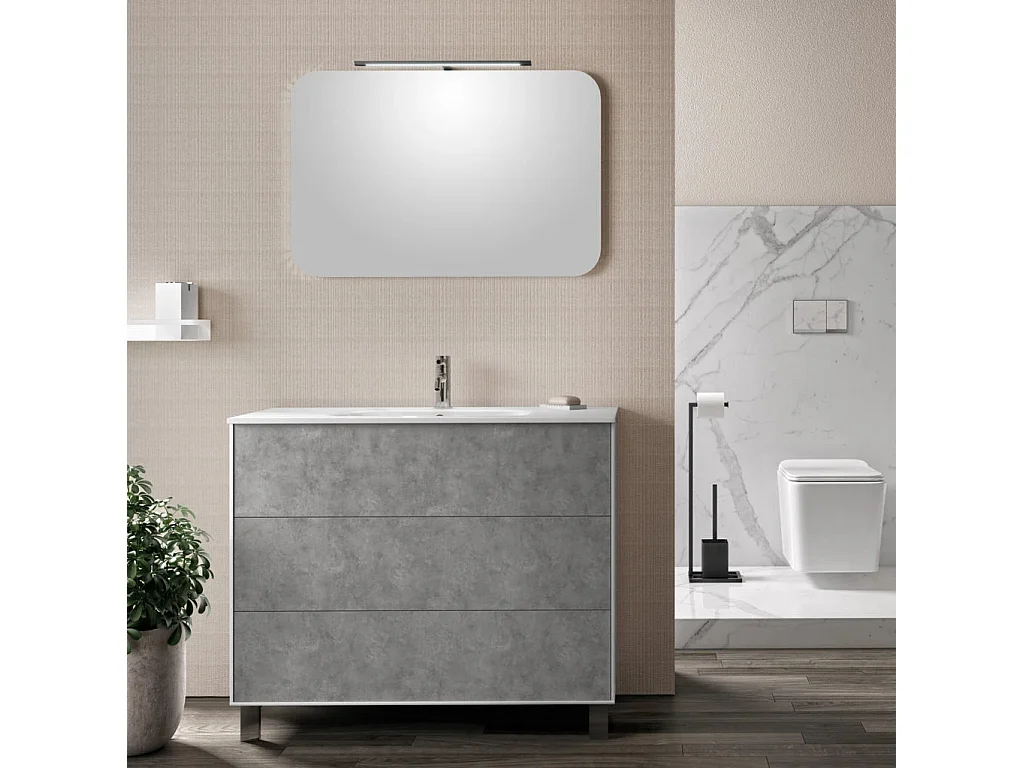 Ensemble meuble de salle de bain 3 tiroirs laqué blanc et effet béton et miroir à LED Oga L 100cm