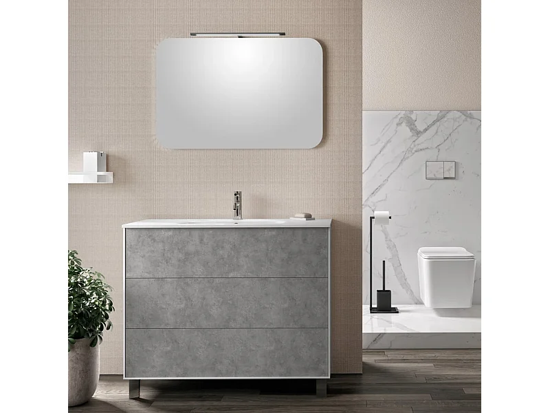 Ensemble meuble de salle de bain 3 tiroirs laqué blanc et effet béton et miroir à LED Oga L 100cm