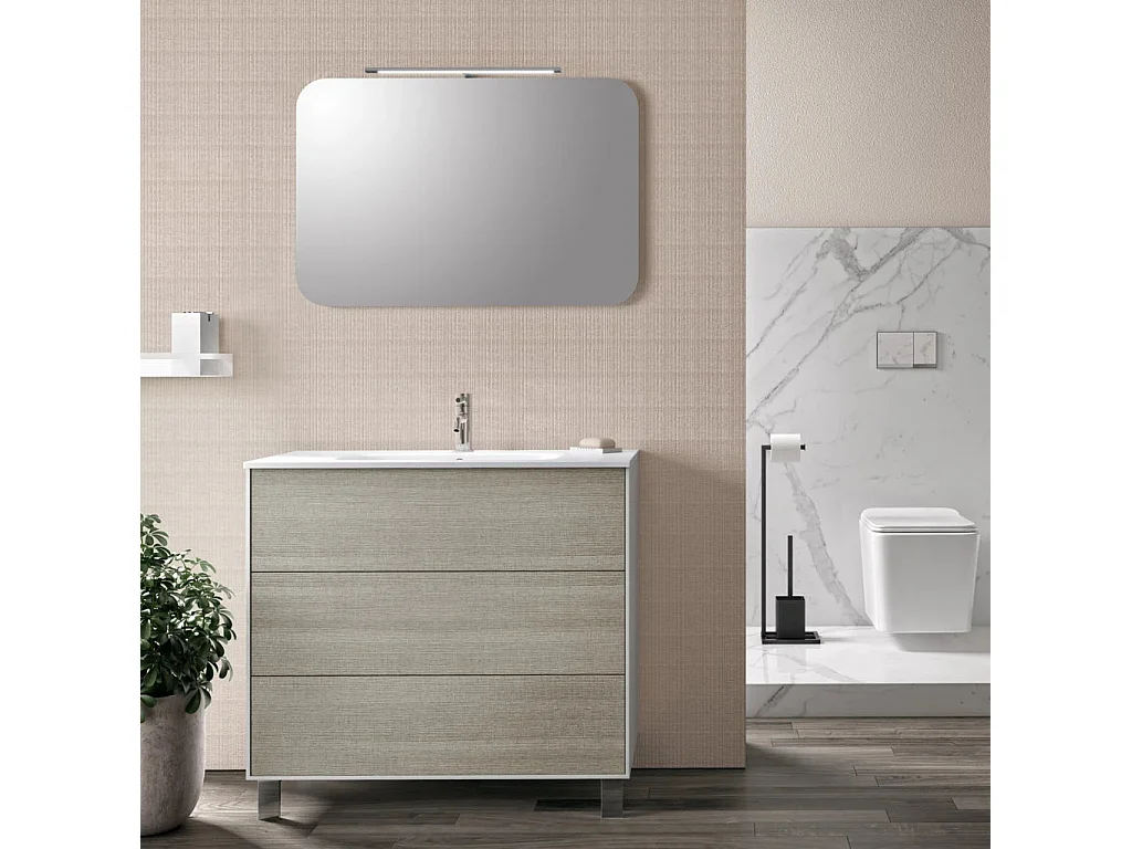 Ensemble meuble de salle de bain 3 tiroirs laqué blanc et beige et miroir lumineux Lago L 90cm