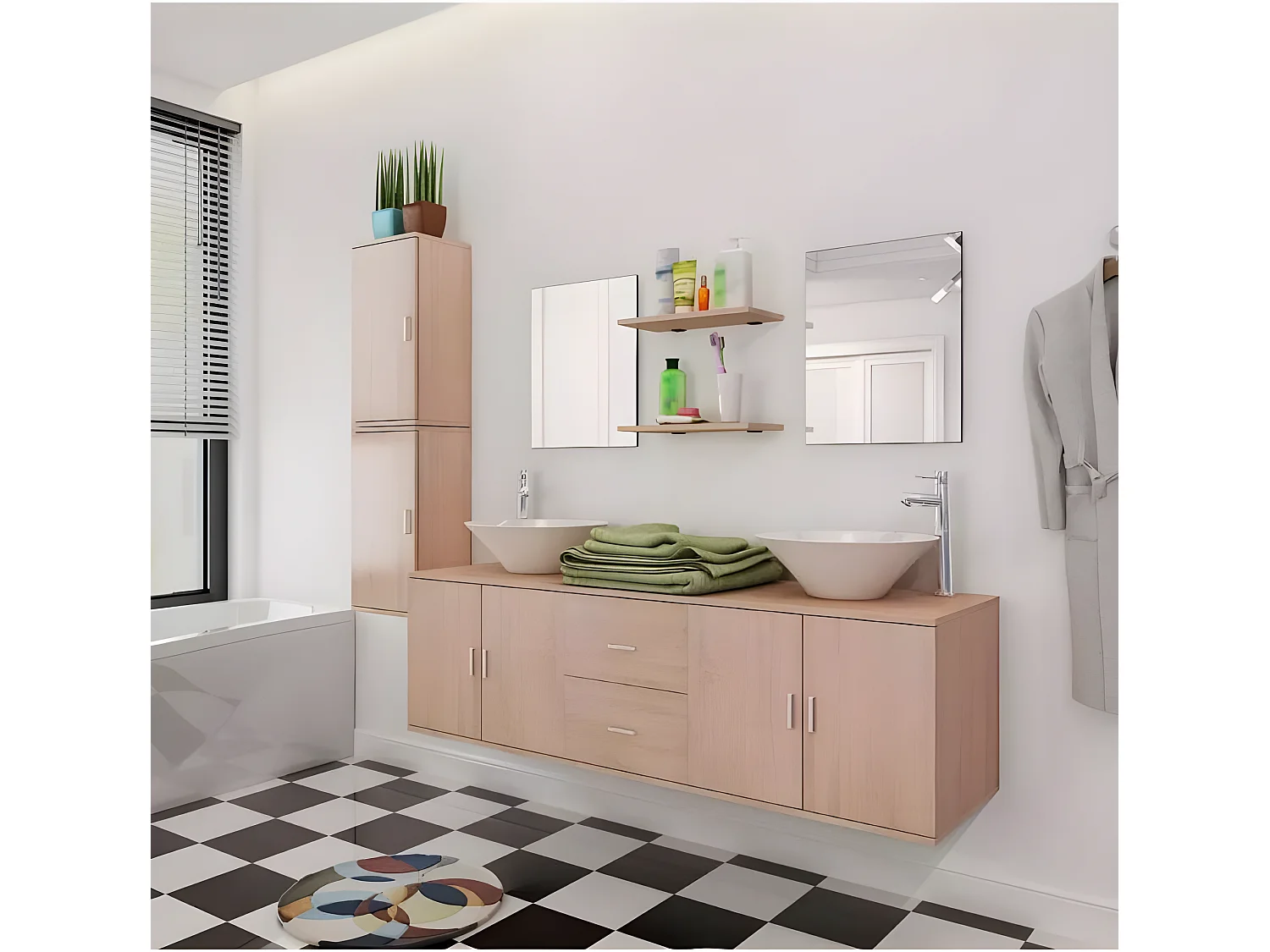 Meuble de salle de bain 17 pièces bois laqué beige Val