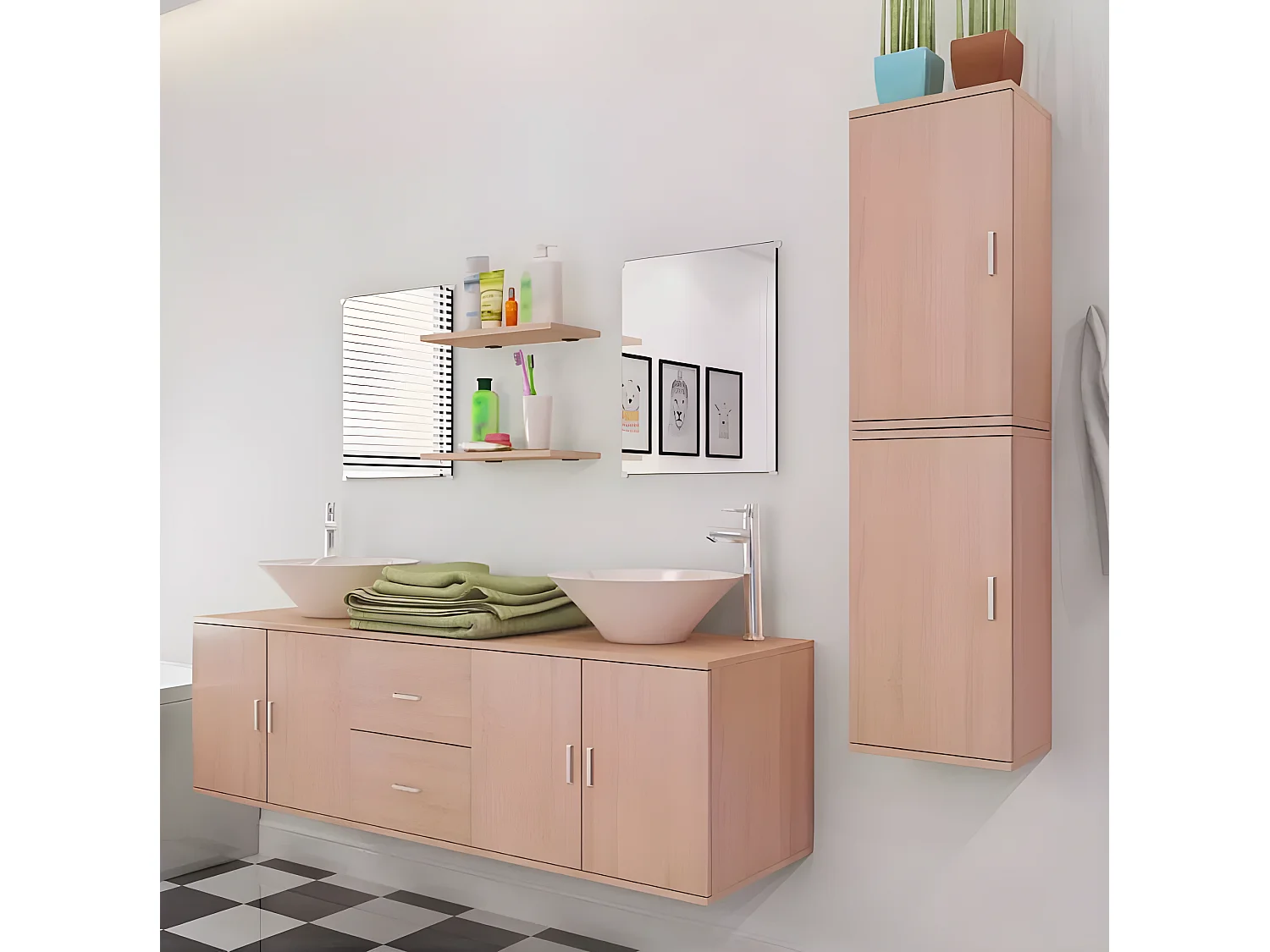 Meuble de salle de bain 17 pièces bois laqué beige Val