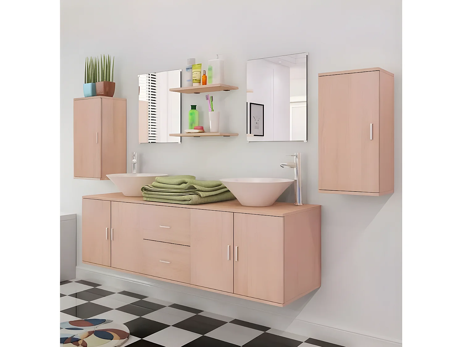 Meuble de salle de bain 17 pièces bois laqué beige Val