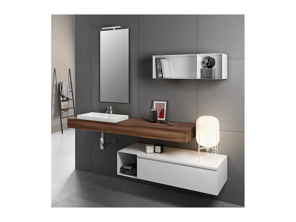 Ensemble meuble de salle de bain noyer avec étagère et miroir à LED Kyo L 165cm