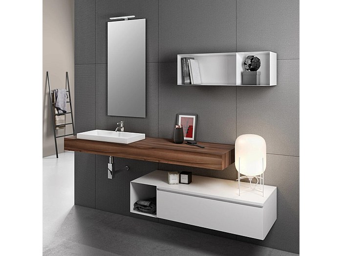 Ensemble meuble de salle de bain noyer avec étagère et miroir à LED Kyo
