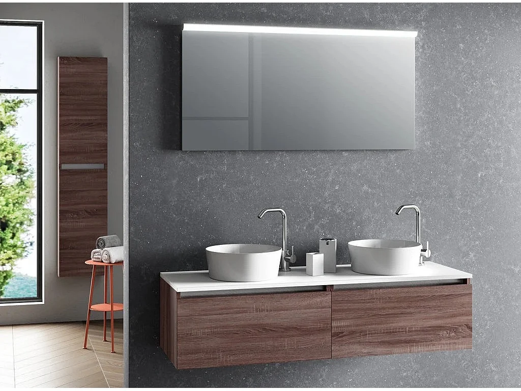 Ensemble meuble de salle de bain bois foncé 2 tiroirs double vasque et miroir lumineux Teph L 140cm