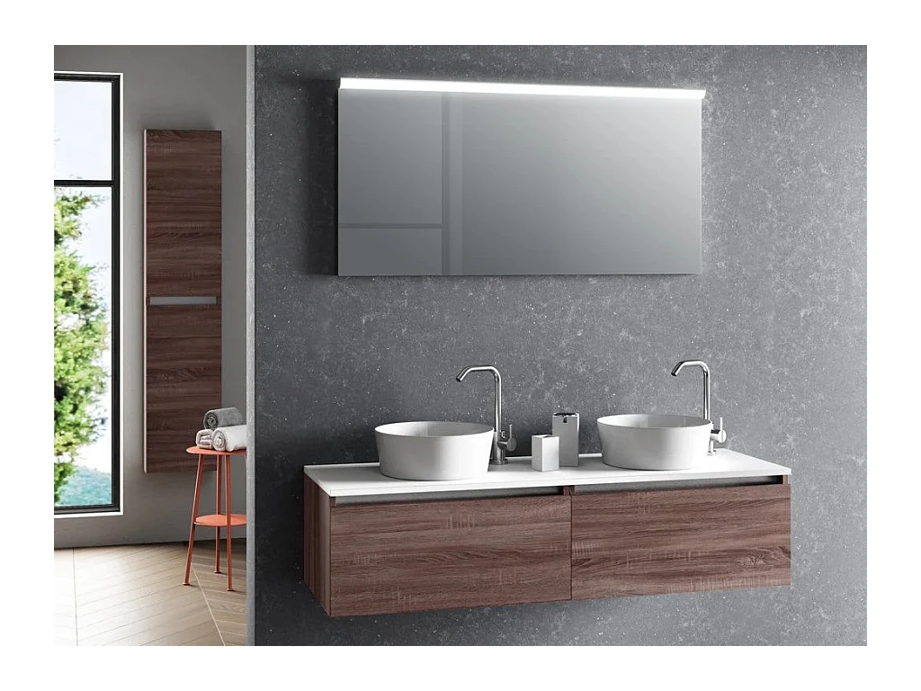 Ensemble meuble de salle de bain bois foncé 2 tiroirs double vasque et miroir lumineux Teph L 140cm