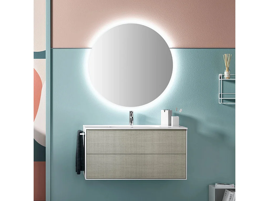 Ensemble meuble de salle de bain 2 tiroirs laqué blanc et beige et miroir lumineux Lago L 100cm 2