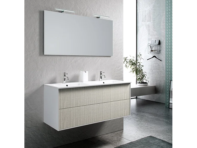 Ensemble meuble de salle de bain 2 tiroirs laqué blanc et beige double vasque et miroir à LED Oga L 120cm