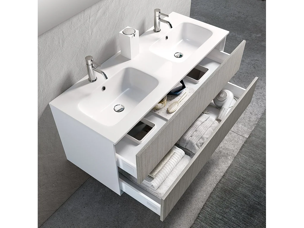 Ensemble meuble de salle de bain 2 tiroirs laqué blanc et beige double vasque et miroir à LED Oga L 120cm