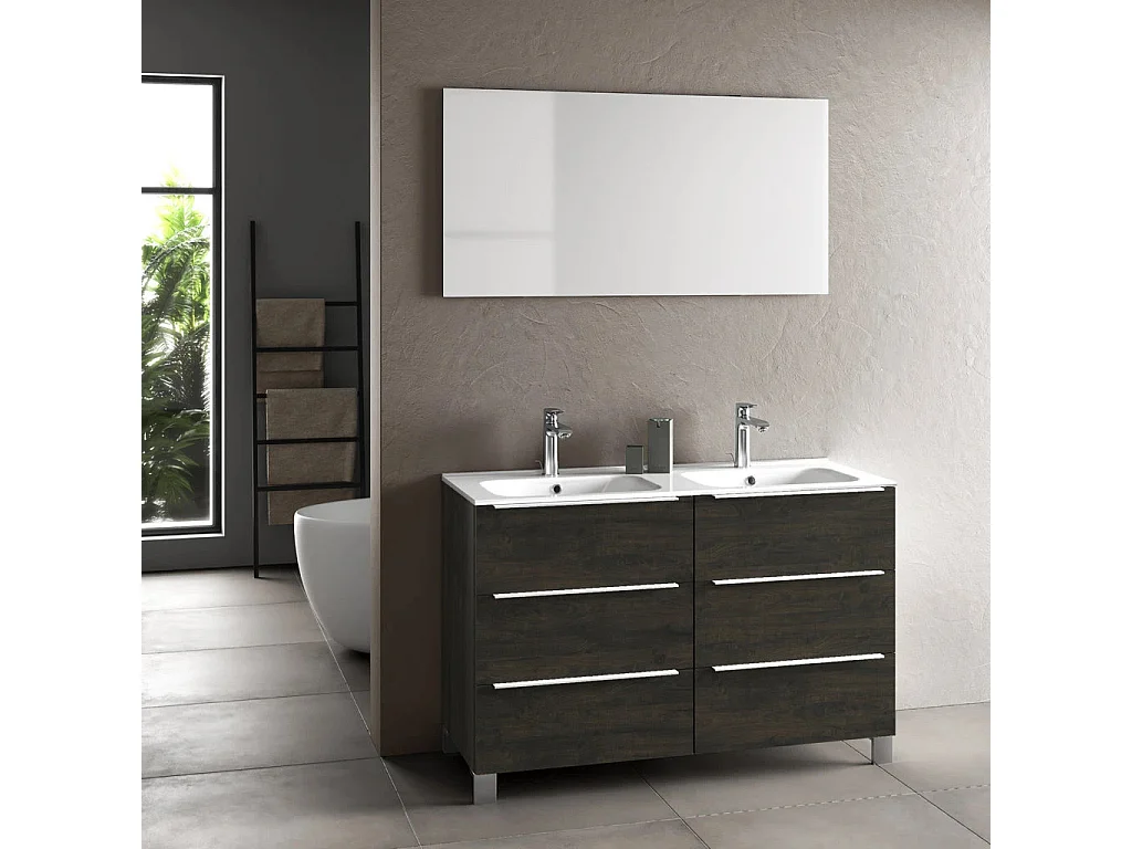 Ensemble meuble de salle de bain 6 tiroirs bois marron foncé et miroir Malo L 120cm