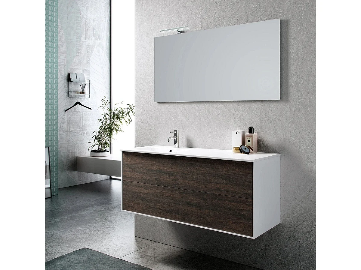 Ensemble meuble de salle de bain 2 tiroirs laqué blanc et marron et miroir à LED Goa L 120cm