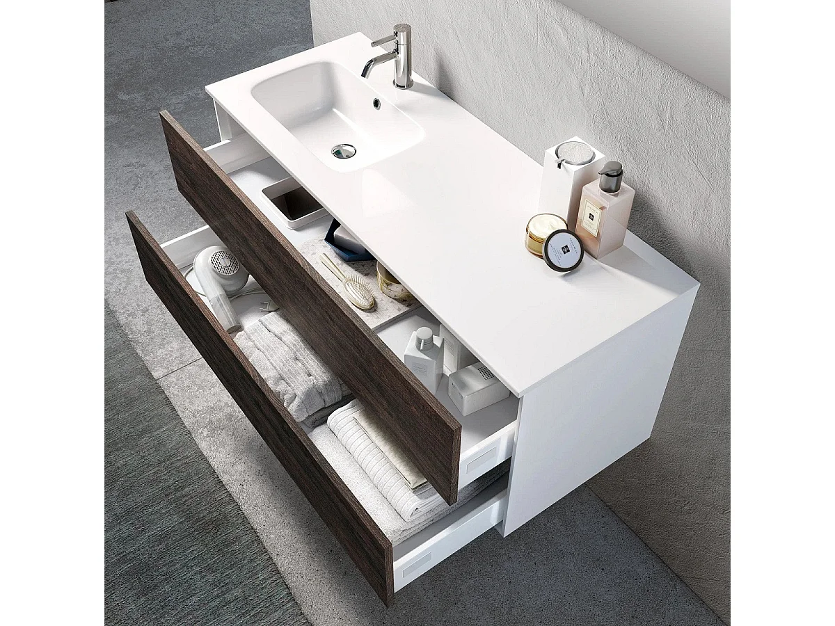 Ensemble meuble de salle de bain 2 tiroirs laqué blanc et marron et miroir à LED Goa L 120cm