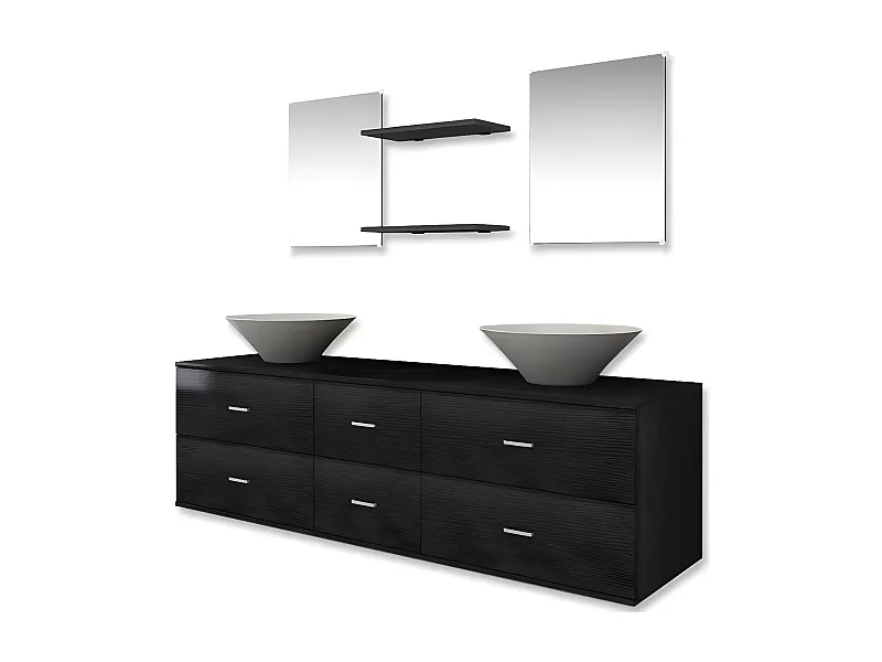 Meuble de salle de bain 9 pièces bois laqué noir Val