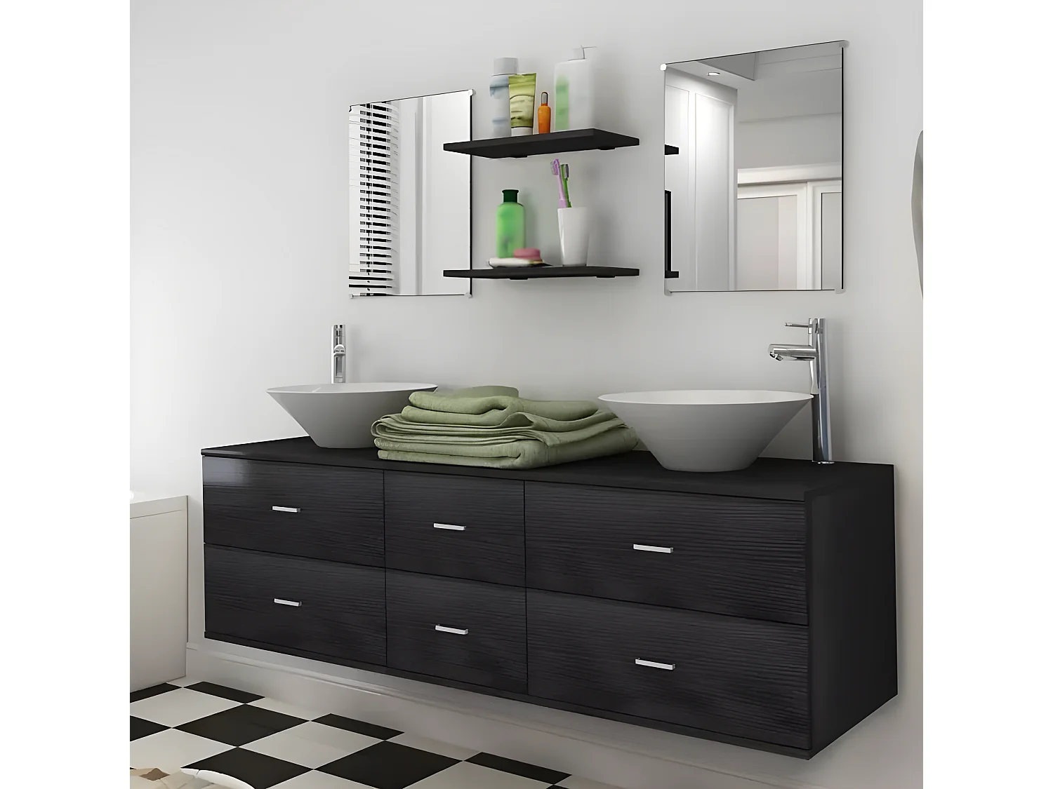 Meuble de salle de bain 9 pièces bois laqué noir Val