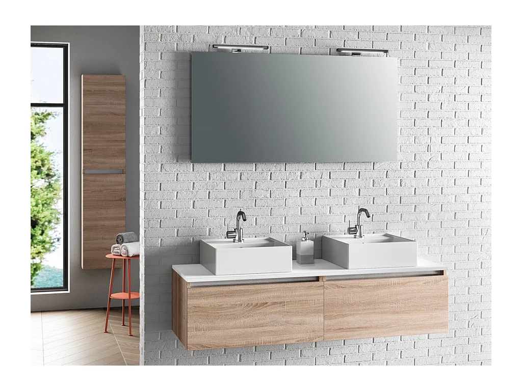 Ensemble meuble de salle de bain 2 tiroirs bois clair et miroir lumineux Teph L 140cm