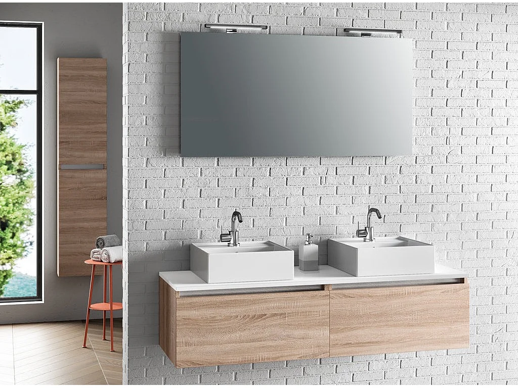 Ensemble meuble de salle de bain 2 tiroirs bois clair et miroir lumineux Teph L 140cm