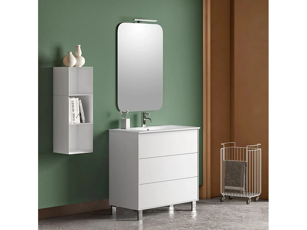 Ensemble meuble de salle de bain 3 tiroirs laqué blanc et miroir lumineux Lago L 80cm