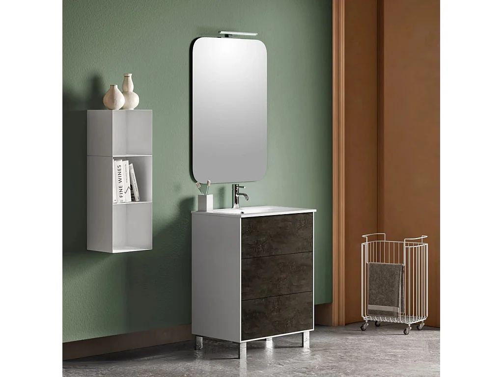 Ensemble meuble de salle de bain 3 tiroirs laqué blanc et gris oxyde et miroir lumineux Lago L 60cm