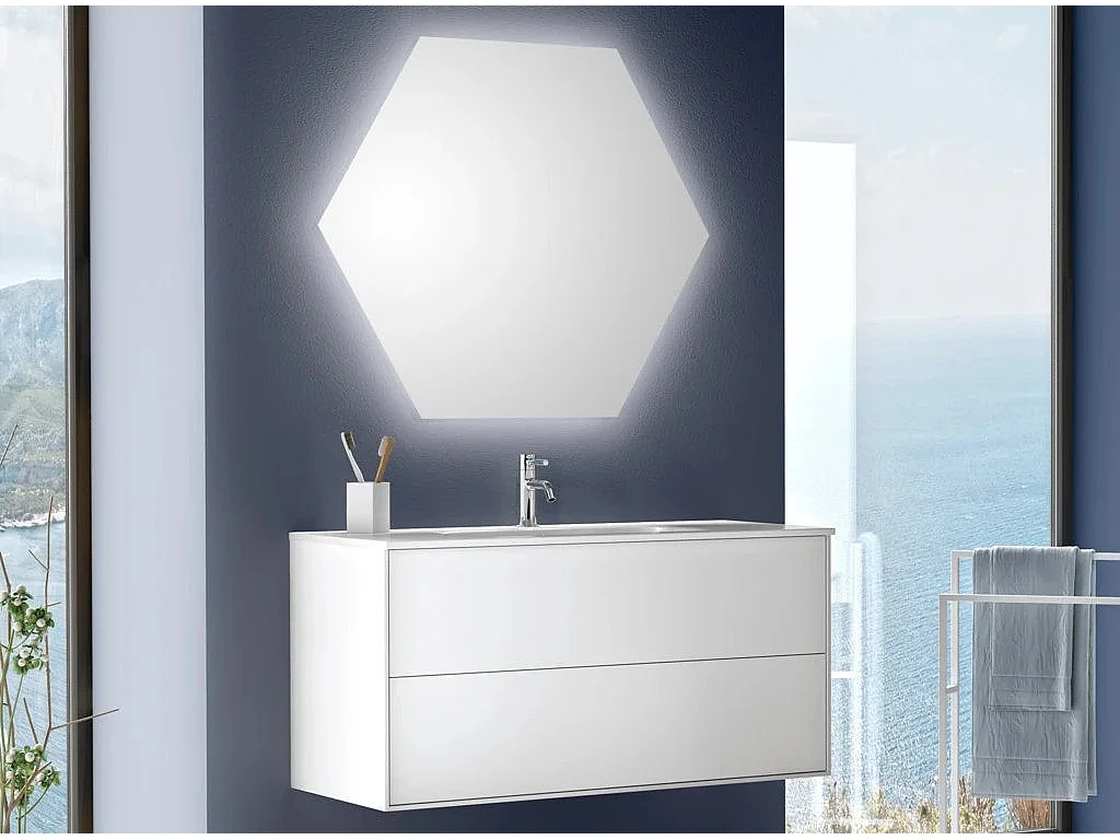 Ensemble meuble de salle de bain 2 tiroirs laqué blanc et miroir lumineux Lago L 100cm