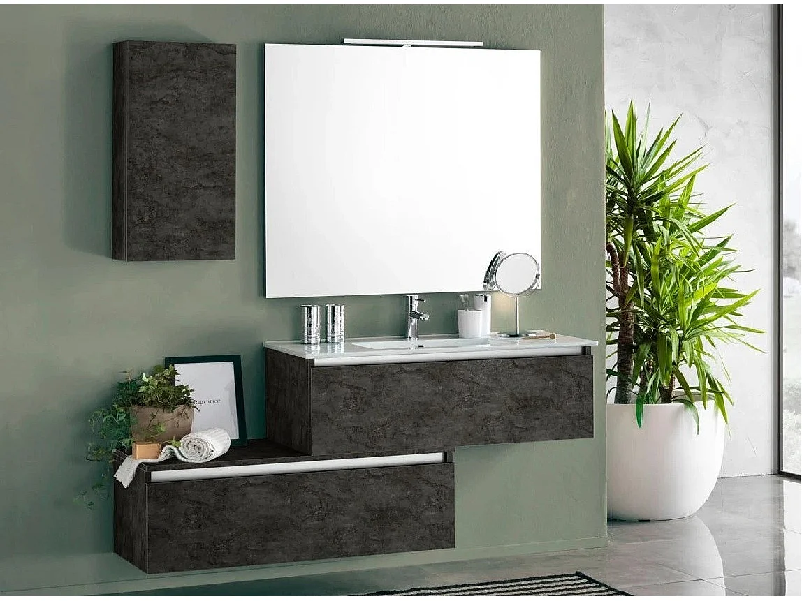 Ensemble meuble de salle de bain 2 tiroirs 1 armoire gris oxyde mat et miroir à LED Teph L 150cm