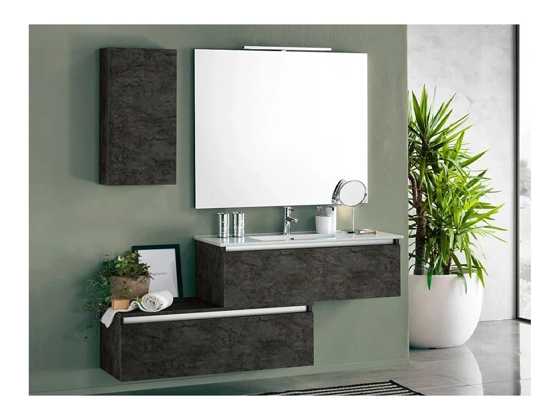 Ensemble meuble de salle de bain 2 tiroirs 1 armoire gris oxyde mat et miroir à LED Teph L 150cm