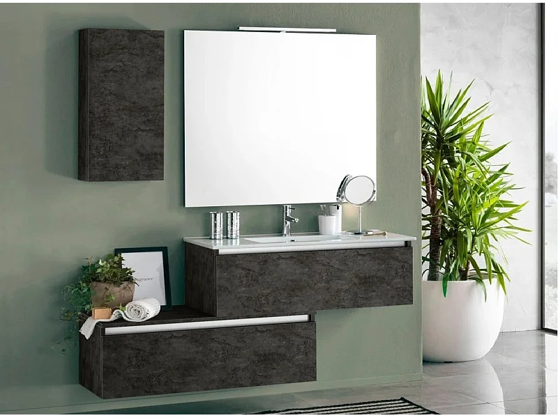 Ensemble meuble de salle de bain 2 tiroirs 1 armoire gris oxyde mat et miroir à LED Teph L 150cm