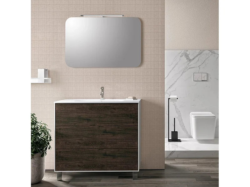 Ensemble meuble de salle de bain 3 tiroirs laqué blanc et marron et miroir lumineux Lago L 90cm