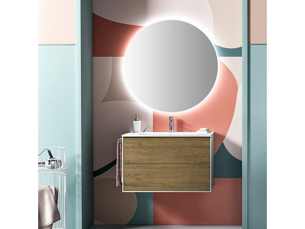 Ensemble meuble de salle de bain 2 tiroirs laqué blanc et chêne et miroir à LED Lago L 80cm