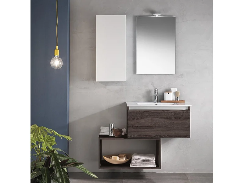 Ensemble meuble de salle de bain 1 étagère 1 armoire bois foncé et miroir lumineux Teph L 70cm