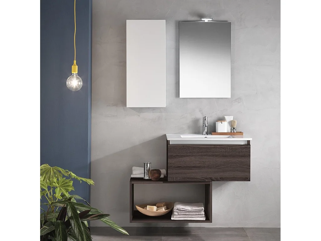 Ensemble meuble de salle de bain 1 étagère 1 armoire bois foncé et miroir lumineux Teph L 70cm
