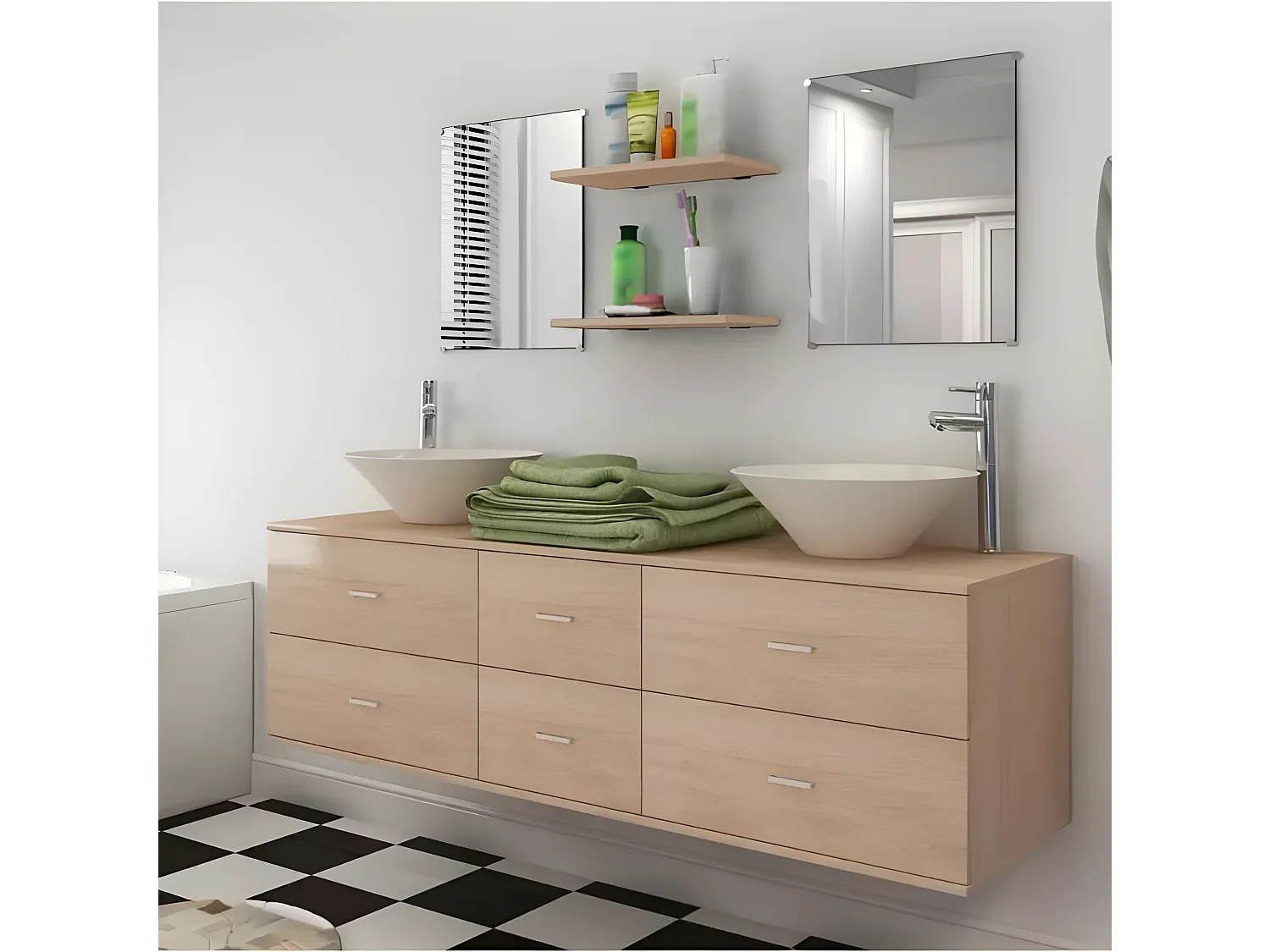 Meuble de salle de bain 9 pièces bois laqué beige Val