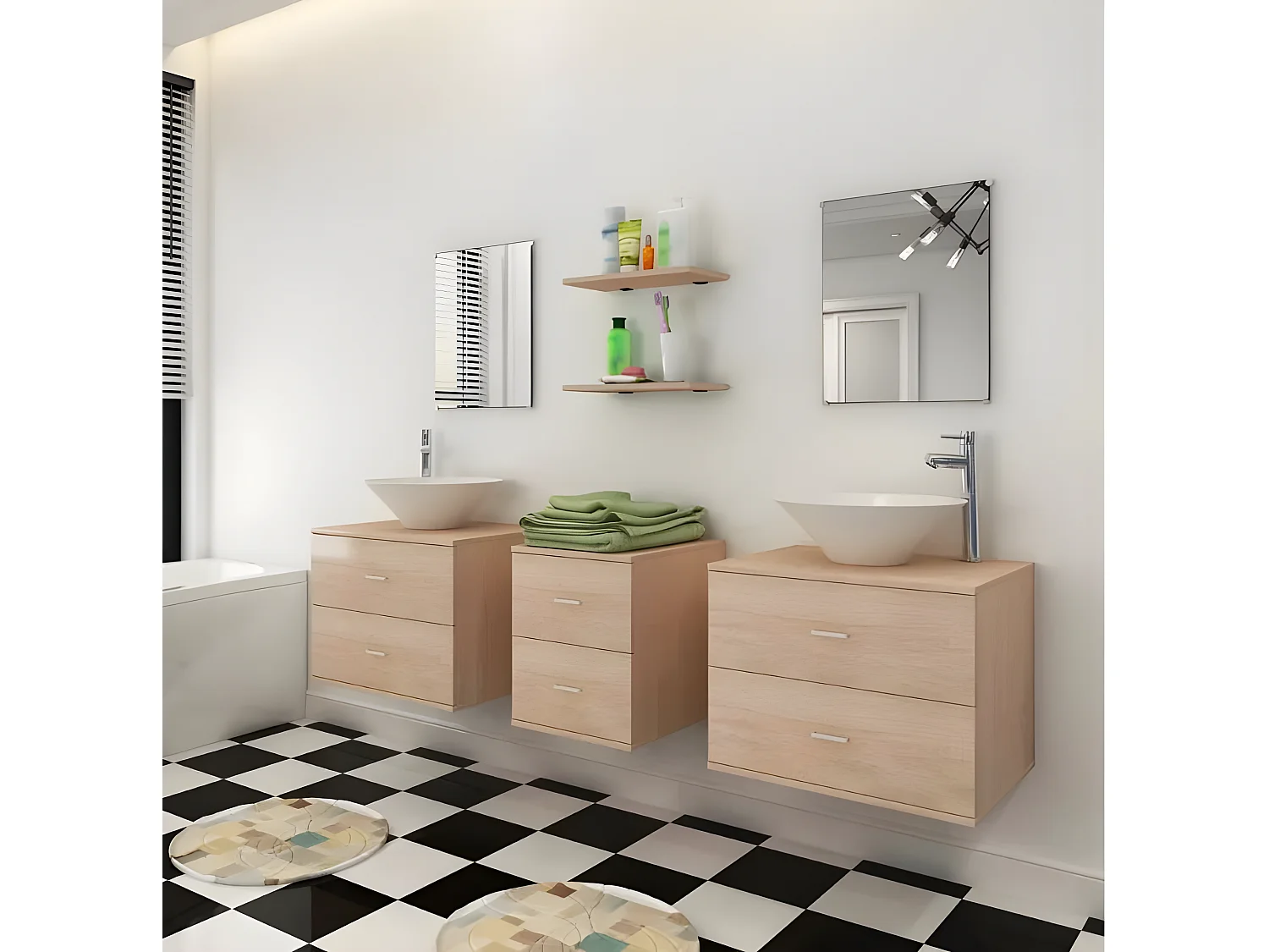 Meuble de salle de bain 9 pièces bois laqué beige Val