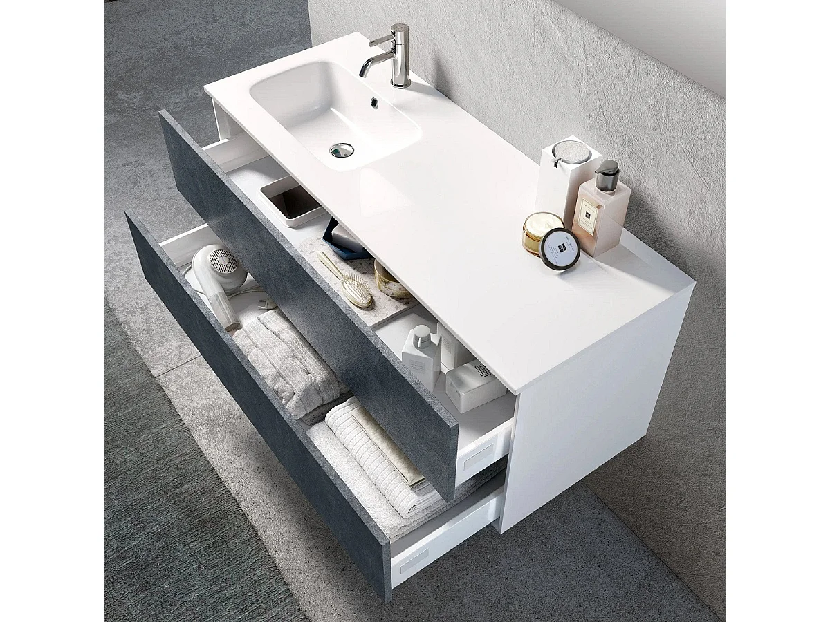 Ensemble meuble de salle de bain 2 tiroirs laqué blanc et bleu effet pierre et miroir à LED Goa L 120cm