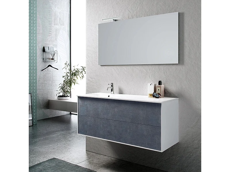 Ensemble meuble de salle de bain 2 tiroirs laqué blanc et bleu effet pierre et miroir à LED Goa L 120cm