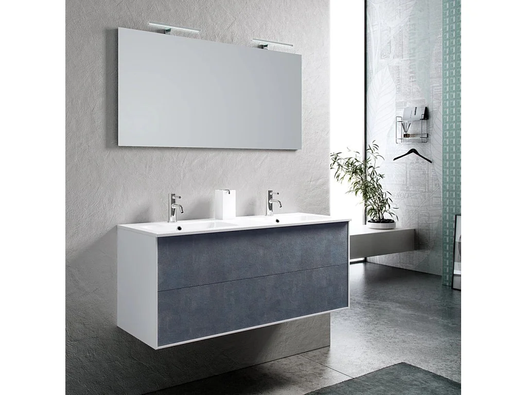 Ensemble meuble de salle de bain 2 tiroirs laqué blanc et bleu effet pierre double vasque et miroir à LED Oga L 120cm