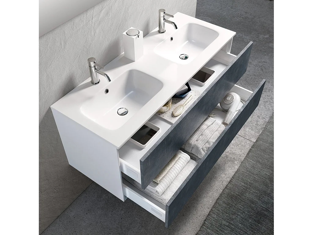 Ensemble meuble de salle de bain 2 tiroirs laqué blanc et bleu effet pierre double vasque et miroir à LED Oga L 120cm