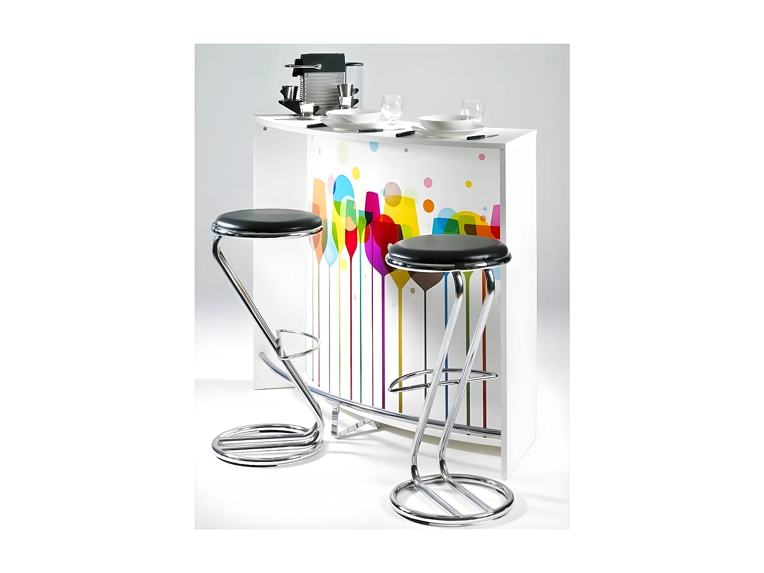 Comptoir de bar 2 portes blanc et imprimé verre Snack 134cm