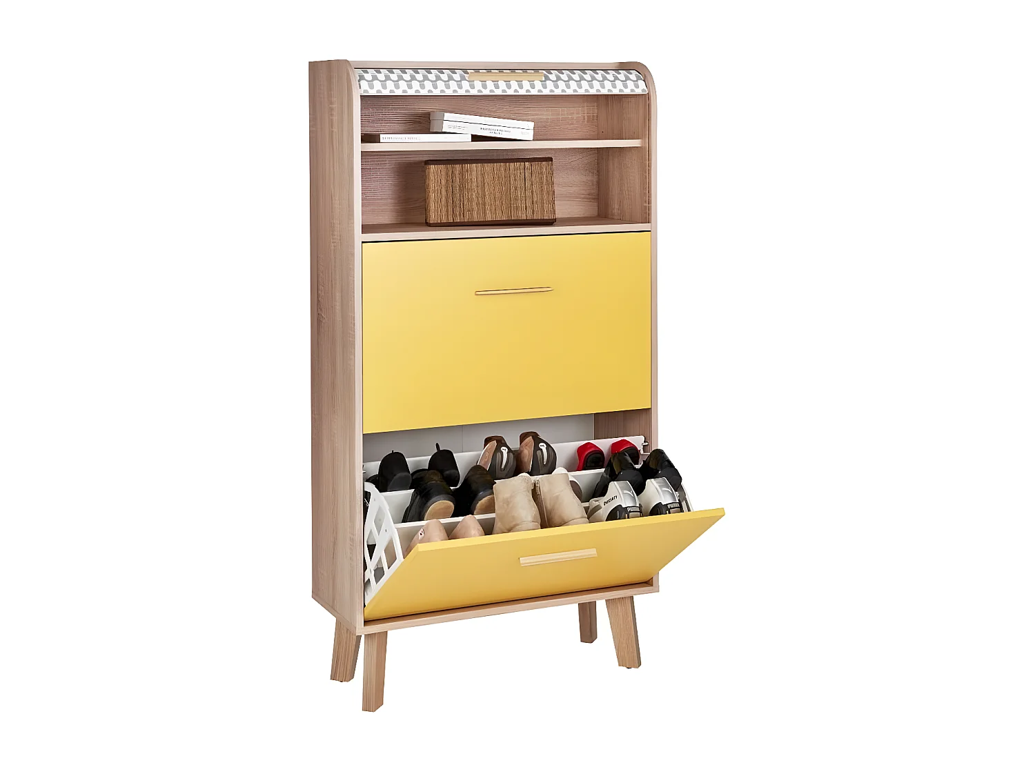 Meuble à chaussures rideau chêne clair 2 abattants jaunes Happy 75cm