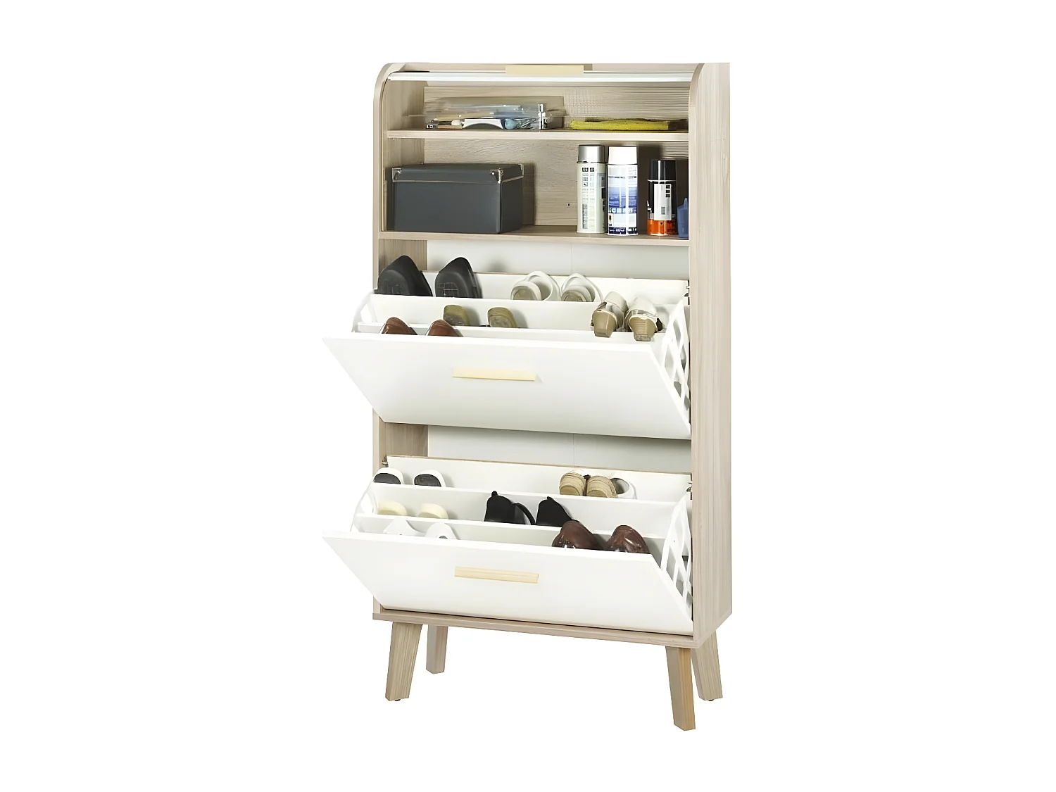 Meuble à chaussures rideau chêne clair 2 abattants blanc Happy 75cm 3