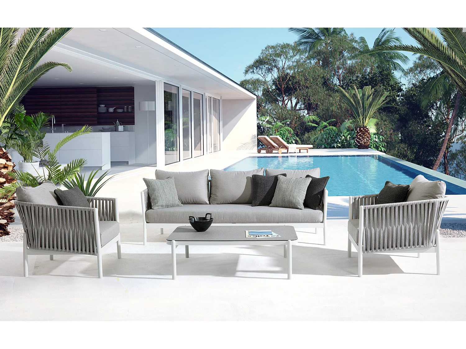 Fauteuil de jardin aluminium blanc et tressage de cordes gris taupe Flora