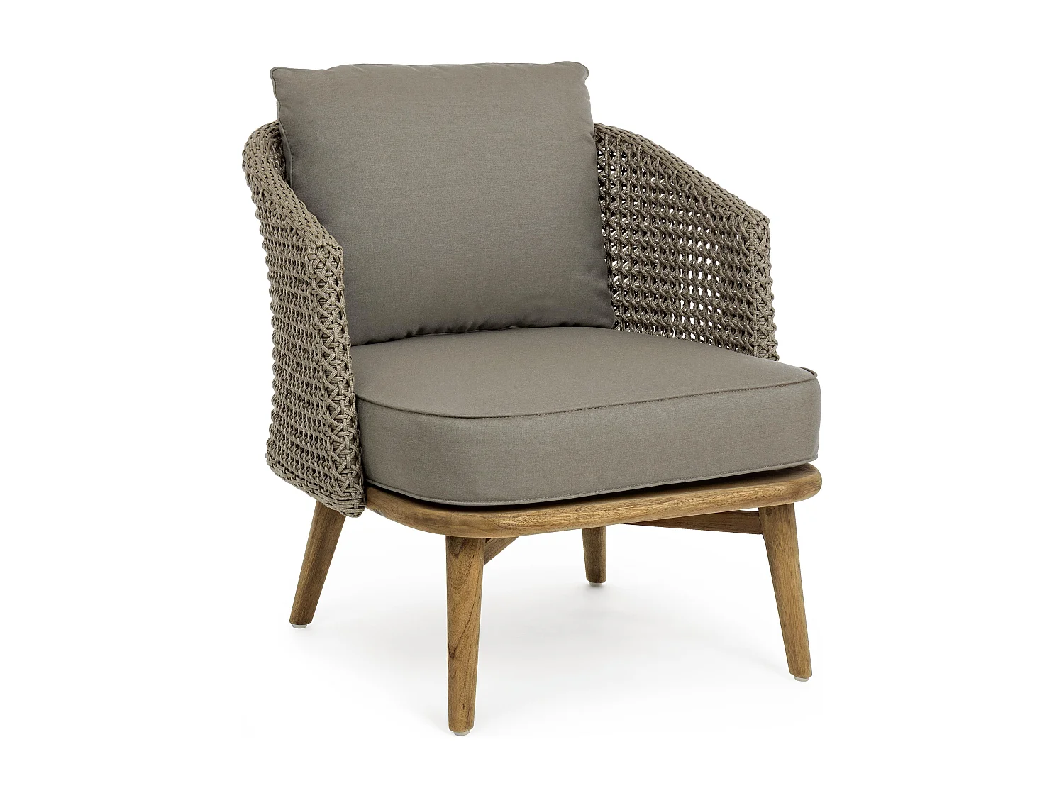 Weven tuinfauteuil in beige touw en teakhouten poten met rustieke afwerking Irina