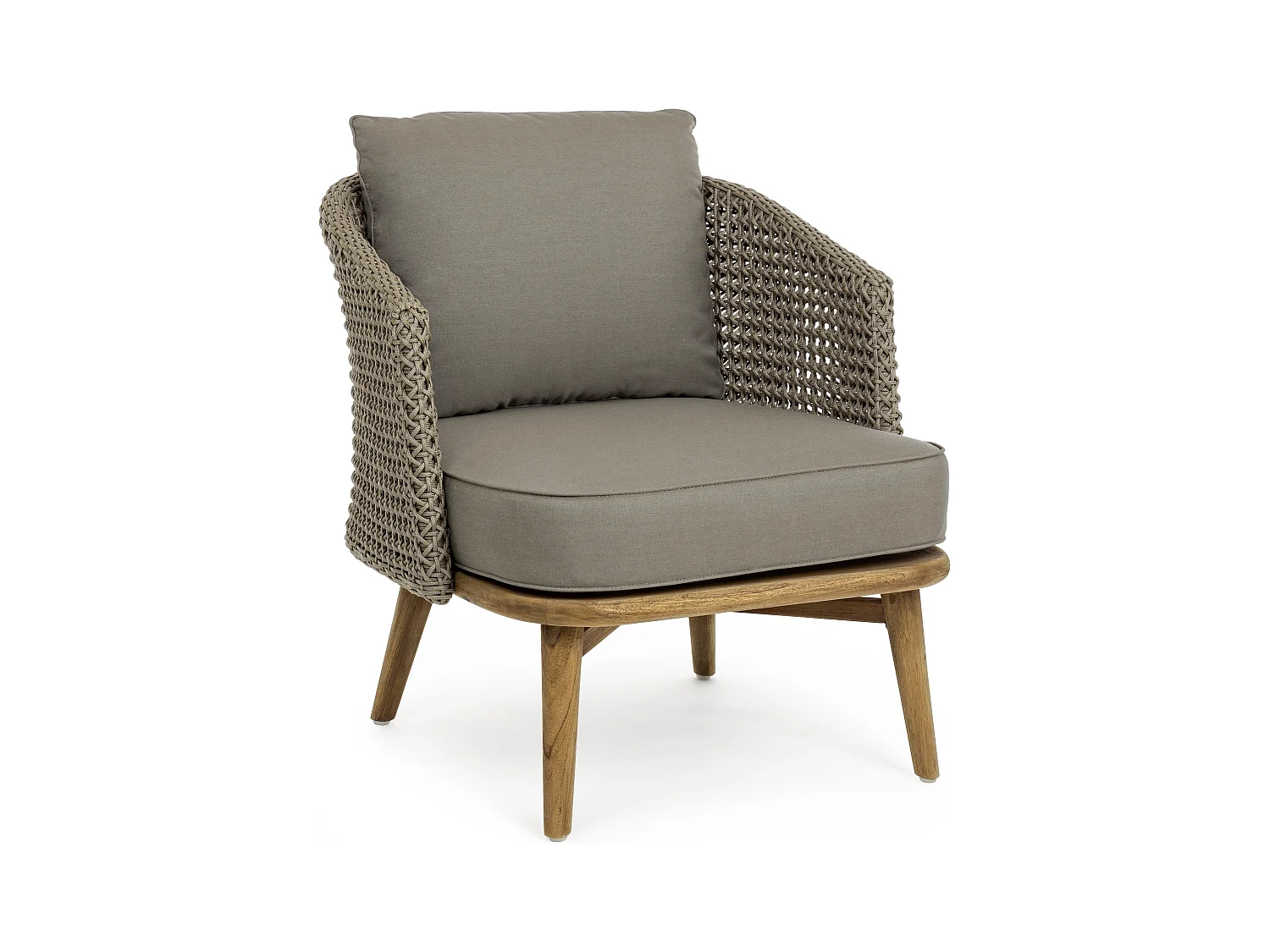 Fauteuil de jardin tressage en corde beige et pieds en teck avec finition rustique Irina