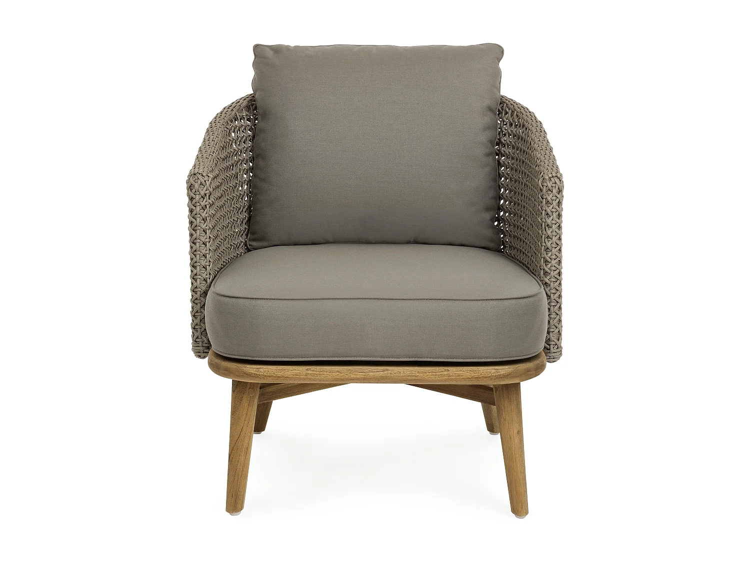 Fauteuil de jardin tressage en corde beige et pieds en teck avec finition rustique Irina